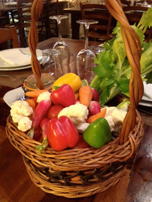 This basket of veggies was on our table, for us to eat we wished.  We even found some boiled eggs and some cooked fingerling potatoes in there!