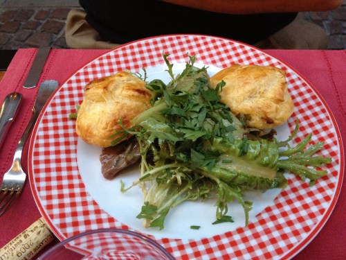 Mark had a salad with two piping hot clouds of goat cheese in puff pastry!